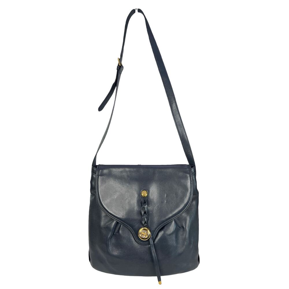Gucci Vintage Navy Leather Shoulder Bag Italy Gold Tone GG Hardware